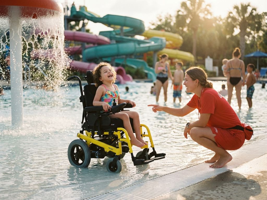 Lachend kind in rolstoel bij toegankelijk zwembad met begeleider, glijbanen op achtergrond, zomerse sfeer