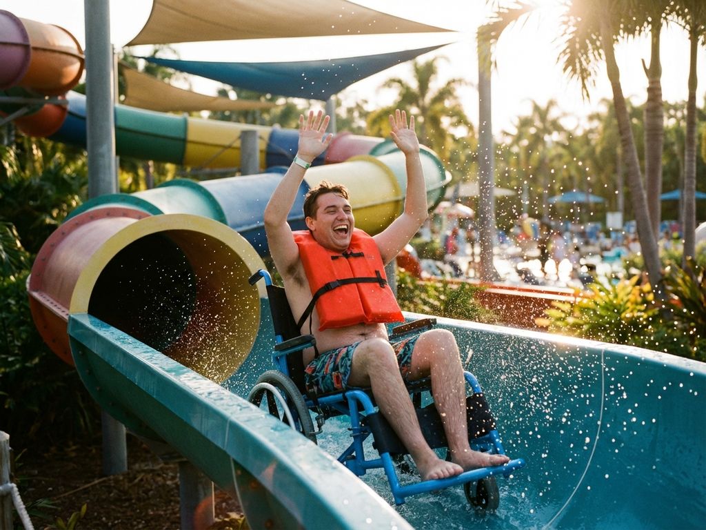 Rolstoelgebruiker geniet opgetogen van toegankelijke waterglijbaan in aquapark met opspattend water