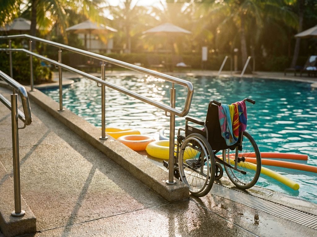 Toegankelijke glijbaan met rolstoel bij helder turquoise zwembad op zonnige zomerdag met palmbomen op achtergrond