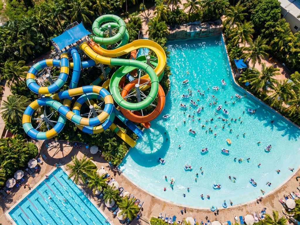 Luchtfoto van tropisch aquapark met gekleurde glijbanen, zwembaden, palmbomen en bezoekers bij helder weer