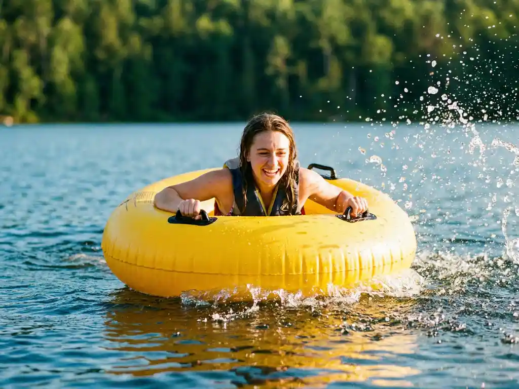 Lachende persoon op gele opblaasbare tube met waterfonteinen op helder Belgisch meer in zomerse zon