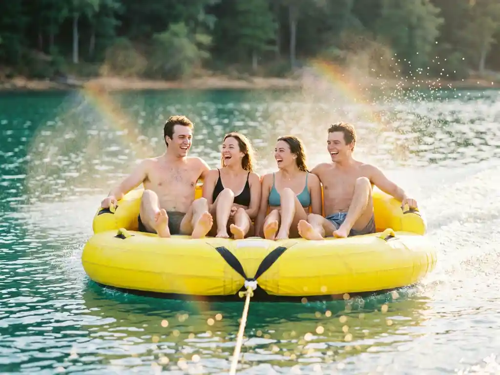 Vier vrienden lachen op gele opblaasbare tube over turquoise water met regenboogmist van waterspatten