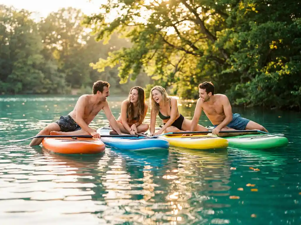 Vier vrienden lachend op kleurrijke stand-up paddleboards op kalm turquoise water in gouden middagzon