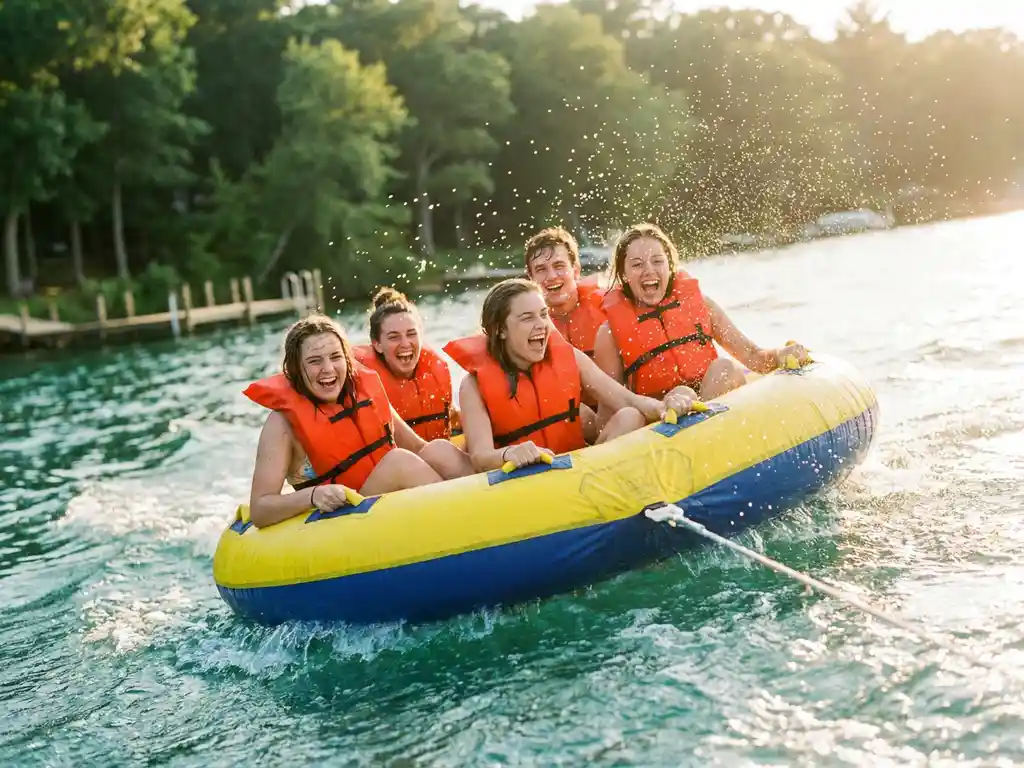 Vrienden lachen op opblaasbare tube in oranje zwemvesten terwijl ze over sprankelend meer varen in zomerse middagzon