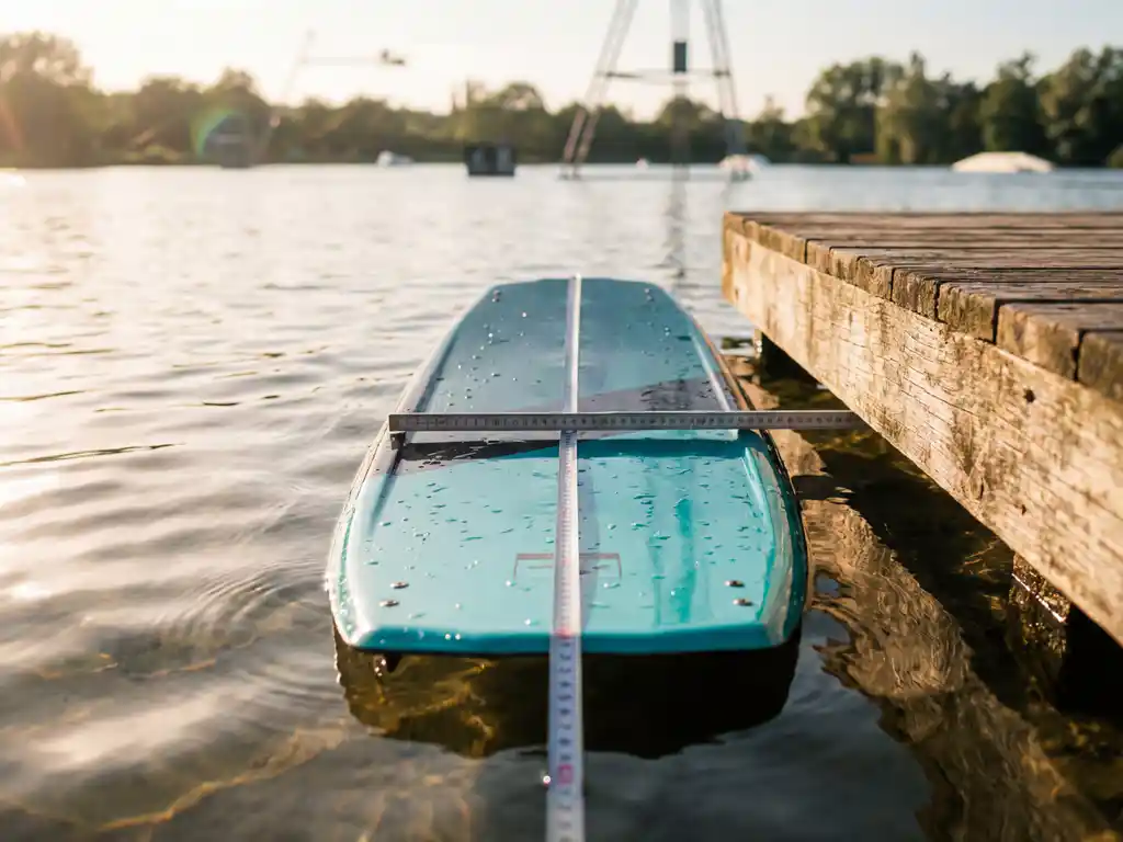 Wakeboard drijft verticaal in helder meerwater bij steiger met meetlint langs de lengte, waterdruppels op glanzend turquoise oppervlak