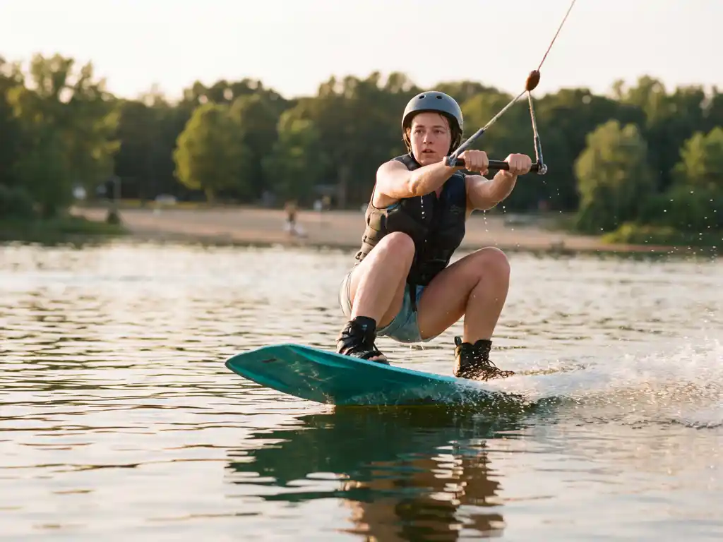 Beginner wakeboarder in lage houding op turquoise board, grijpt kabelhandvat vast terwijl hij over kalm meerwater glijdt