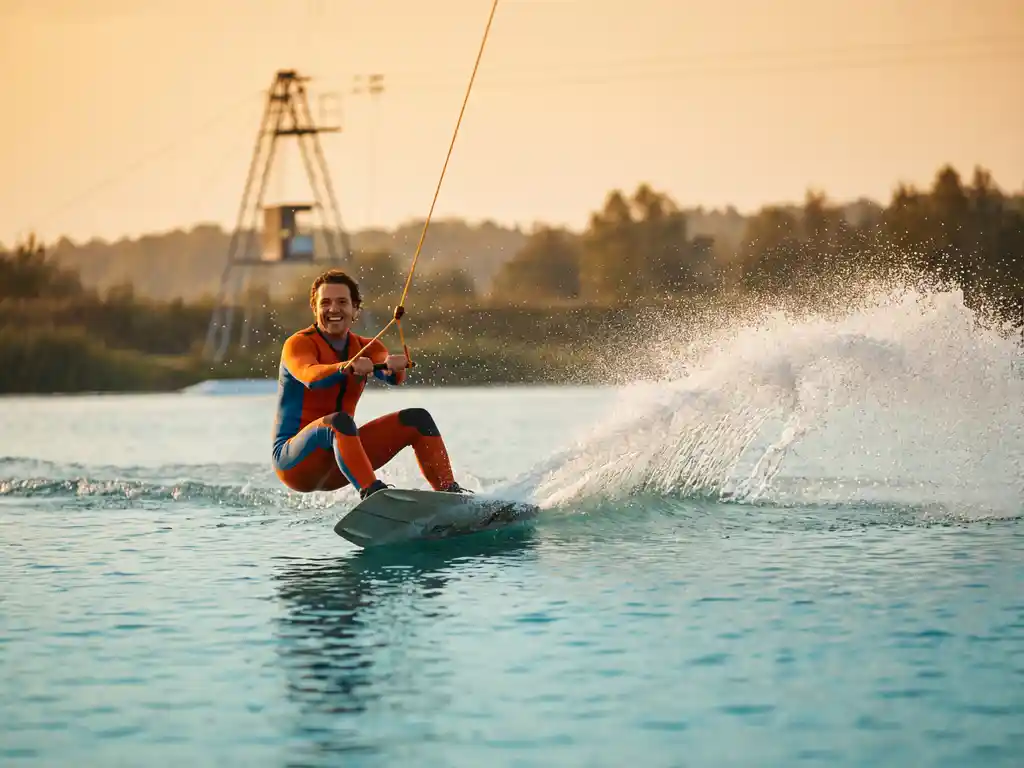 Wakeboarder in felgekleurde wetsuit snijdt door turquoise water met witte spray, kabeltoren op achtergrond in gouden namiddaglicht