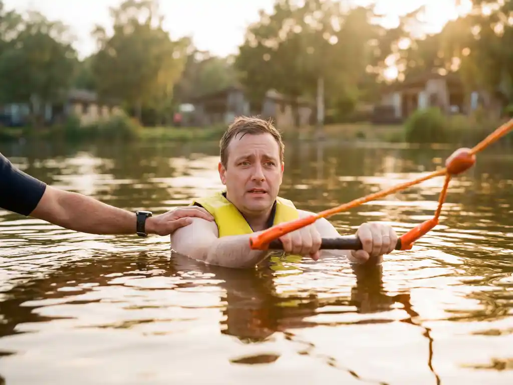 Beginner met oranje wakeboard handvat en geel zwemvest krijgt steun van instructeur in kalm meerwater bij zonsondergang