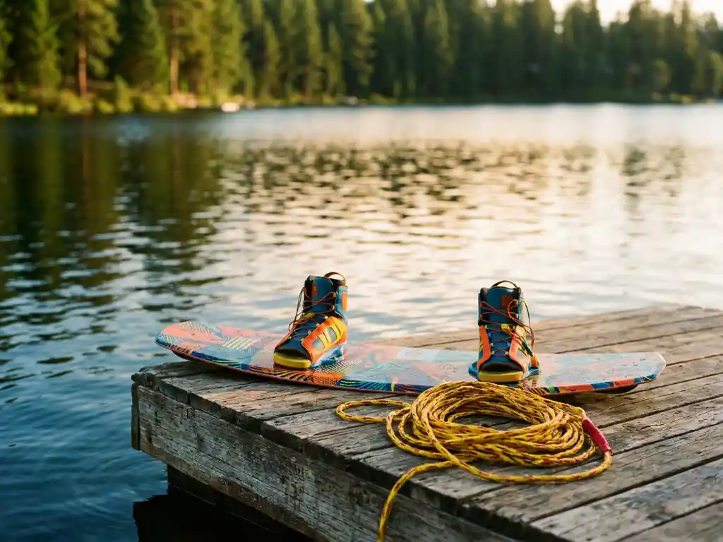 Wakeboard met felle bindingen op verweerde houten steiger naast kalm meerwater met opgerolde sleeplijn