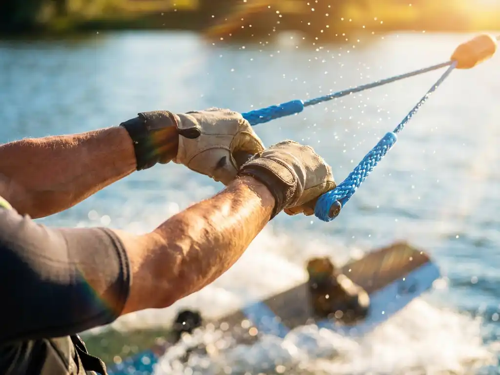 Wakeboarder grijpt fel blauwe touwhandel met waterdruppels, gespannen onderarmspieren en lake op achtergrond
