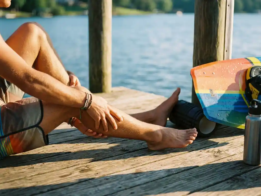 Wakeboarder masseert vermoeide kuitspieren op houten steiger, wakeboard en foam roller in de buurt, gouden namiddaglicht