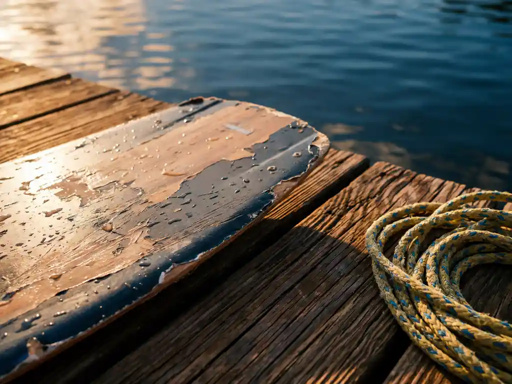 Gebruikt wakeboard met schaafplekken en waterdruppels op verweerde houten steiger, sleeptouw ernaast, gouden avondlicht