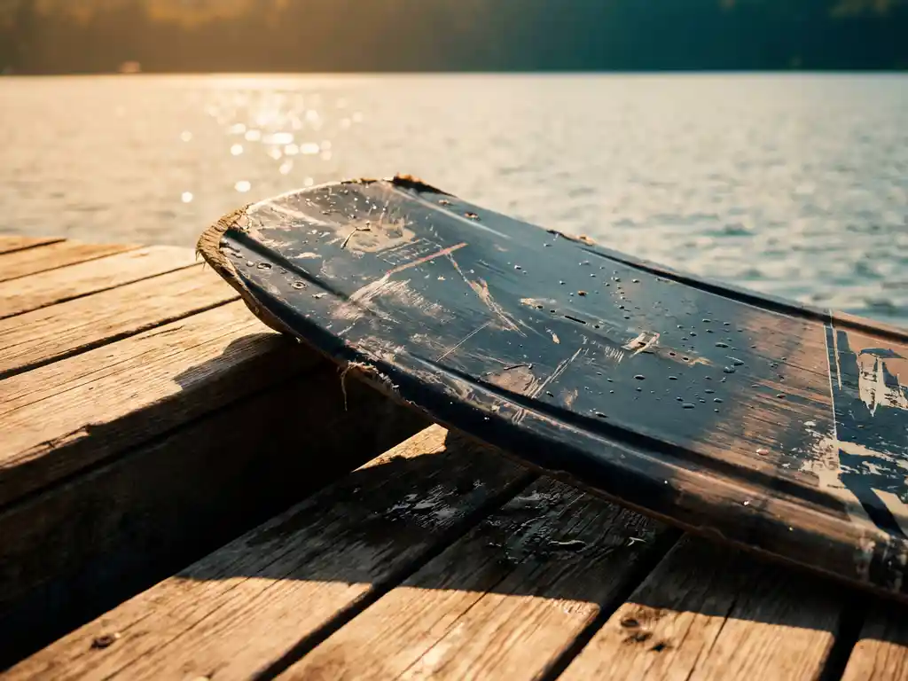 Wakeboard met gebruikssporen leunt tegen verweerde steigerplanken bij kalm meer, waterdruppels op glanzend oppervlak in gouden middaglicht