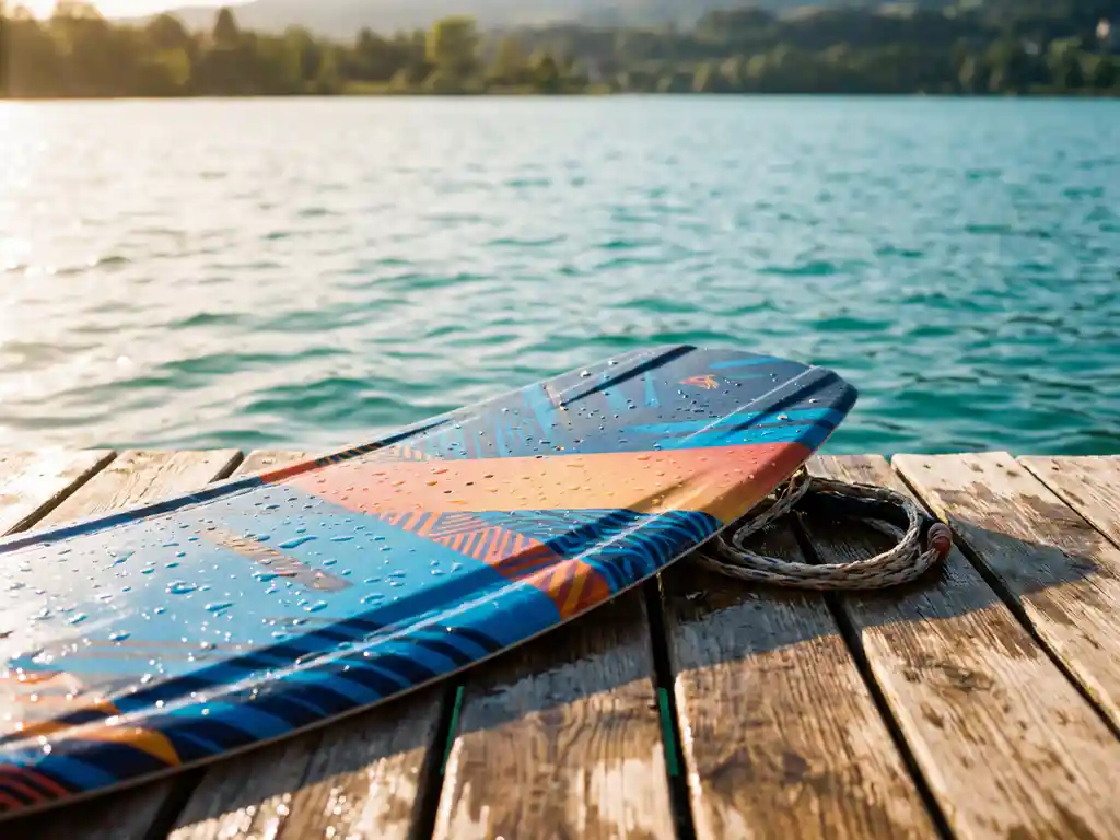 Wakeboard met geometrische graphics op verweerde steiger, waterdruppels op oppervlak, turquoise meer op achtergrond