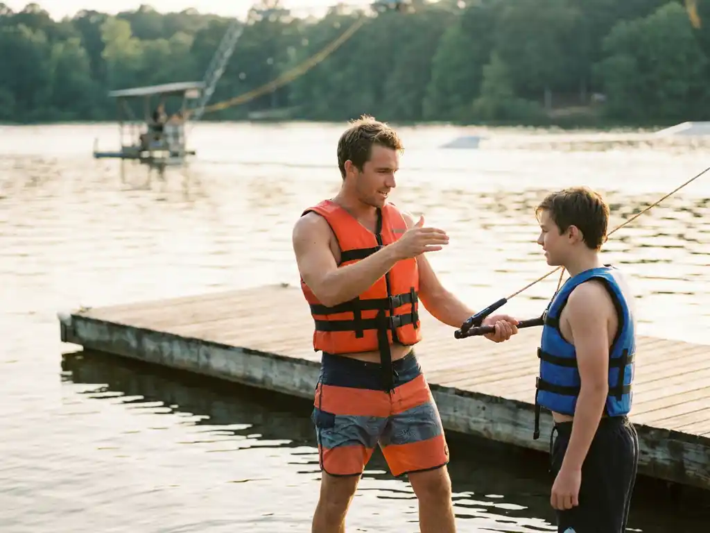 Wakeboard instructeur in oranje zwemvest demonstreert houding aan student op drijvend platform bij zonsondergang