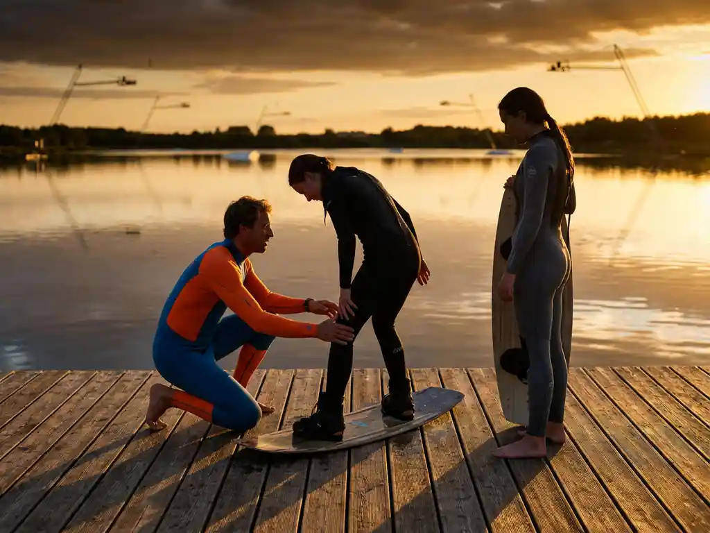 Wakeboard-instructeur in felgekleurde wetsuit begeleidt twee studenten op houten steiger bij zonsondergang, met kabelbaan en kalm meer op achtergrond.