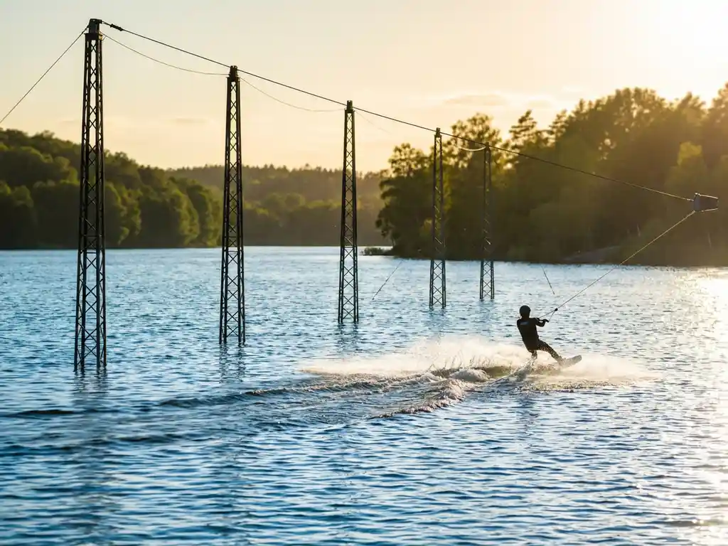 Wakeboarder glijdt over blauw meer achter kabelbaansysteem met vijf masten, groene bosrand op achtergrond