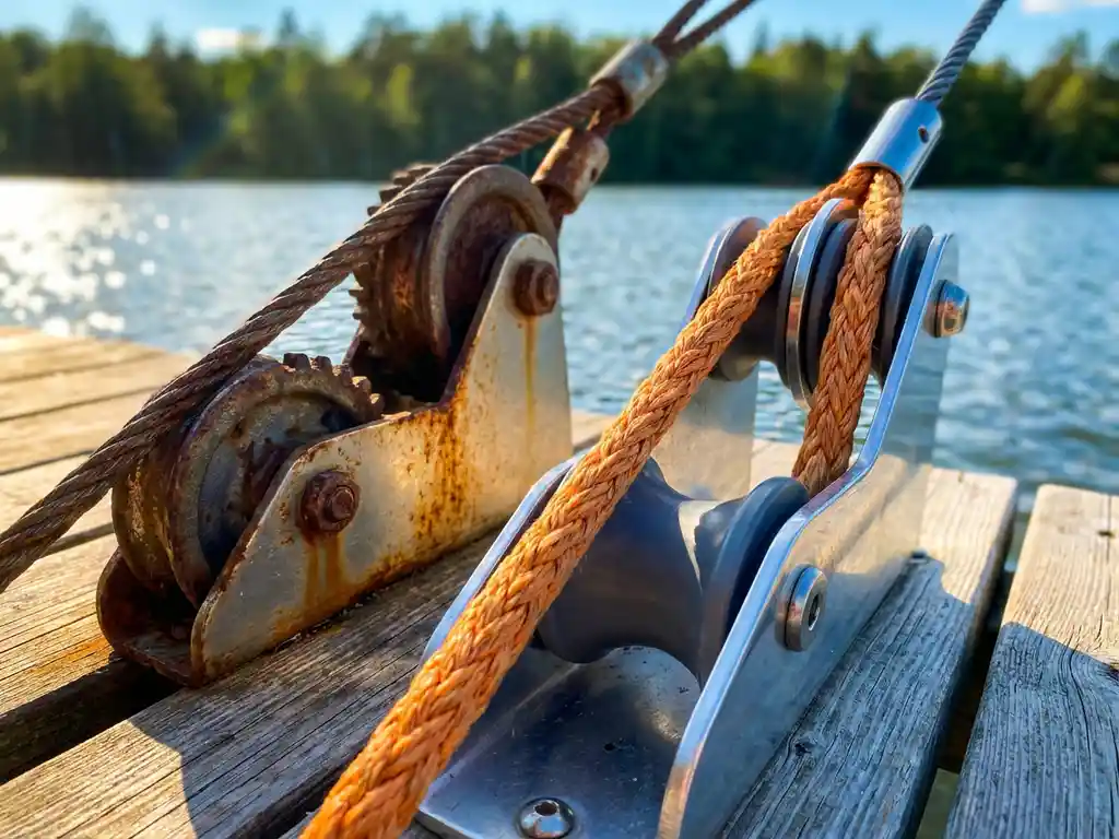 Vintage stalen kabel met verroeste katrol naast moderne oranje synthetisch touw op houten steiger bij wakeboard park