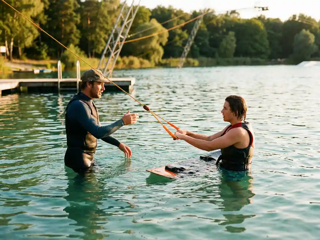 Wakeboarder ontvangt persoonlijke instructie van coach in helder kabelparkwater tijdens gouden uurtje