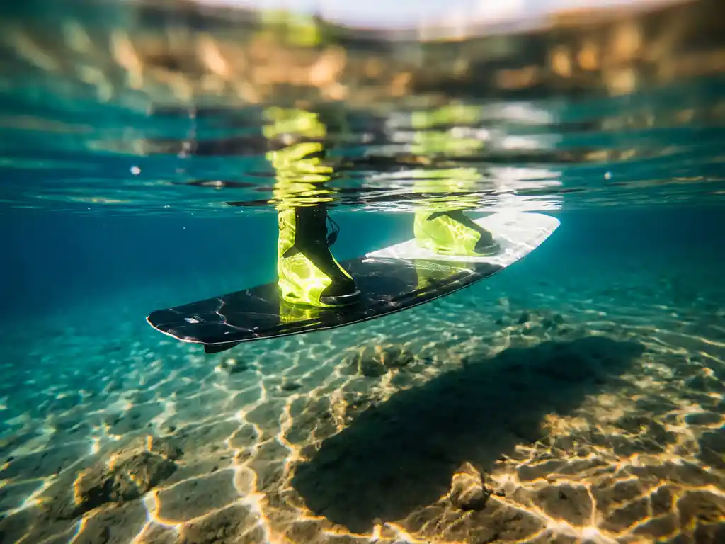 Wakeboard met neon bindingen drijvend onder kristalhelder wateroppervlak met zonnestralen en rimpelpatronen