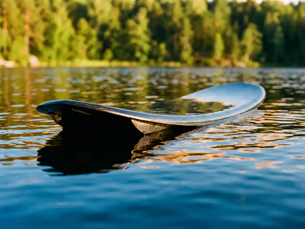 Zwart wakeboard drijvend op kristalhelder meerwater met zichtbare rocker-curve en wazige bosachtergrond
