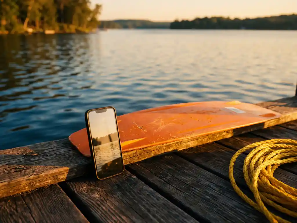 Smartphone tegen oranje wakeboard op verweerde houten steiger met kalm meer en touwlijn in gouden avondlicht