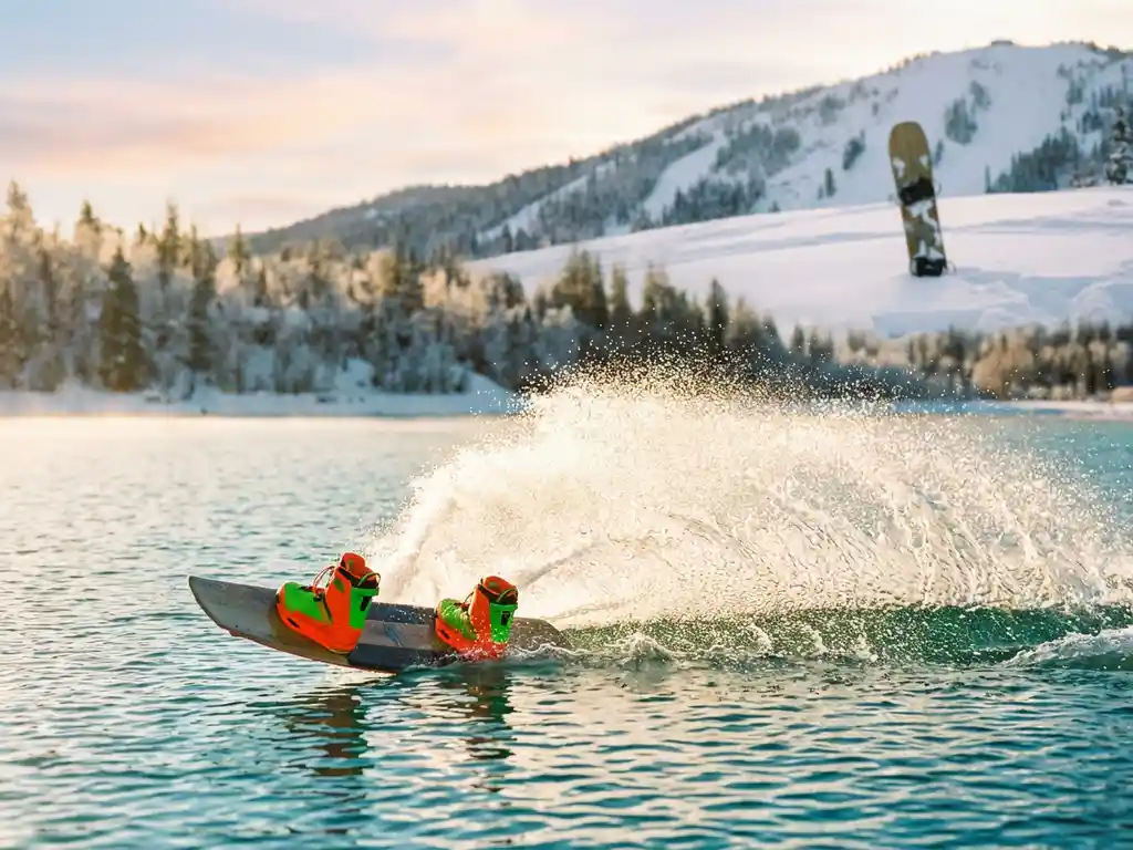 Wakeboard met neon bindingen snijdt door turquoise water met witte spray, snowboard op besneeuwde berghelling op achtergrond