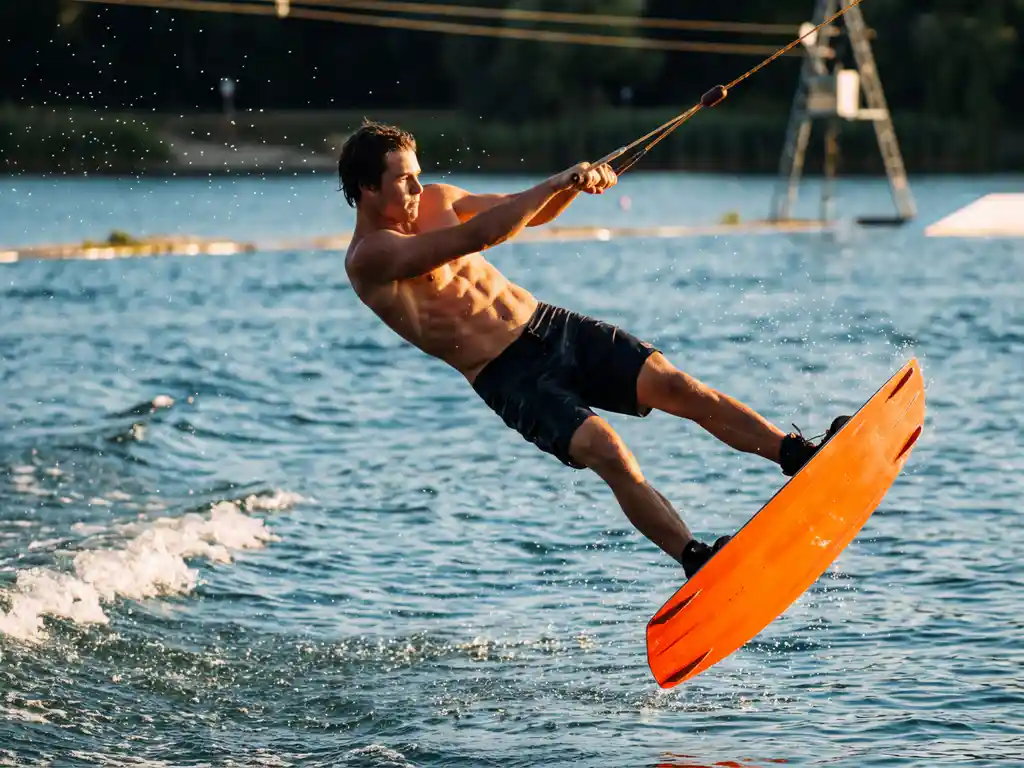 Wakeboarder voert luchttruc uit met gedefinieerde buikspieren, oranje wakeboard, boven sprankelend blauw water