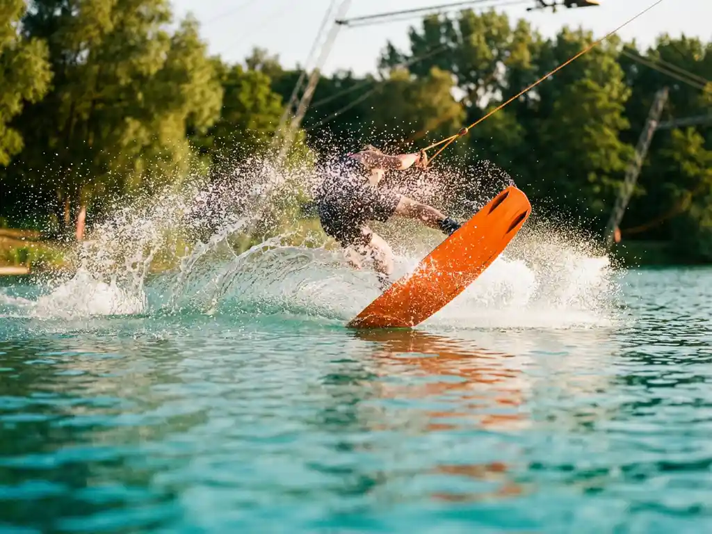 Wakeboarder maakt sprong door turquoise water met explosie van waterdruppels, oranje wakeboard in gouden zonlicht