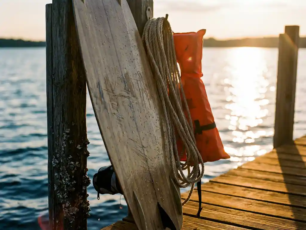 Wakeboard met slijtage tegen steiger, oranje zwemvest en sleeptouw, sprankelend meer met gouden zonlicht op achtergrond