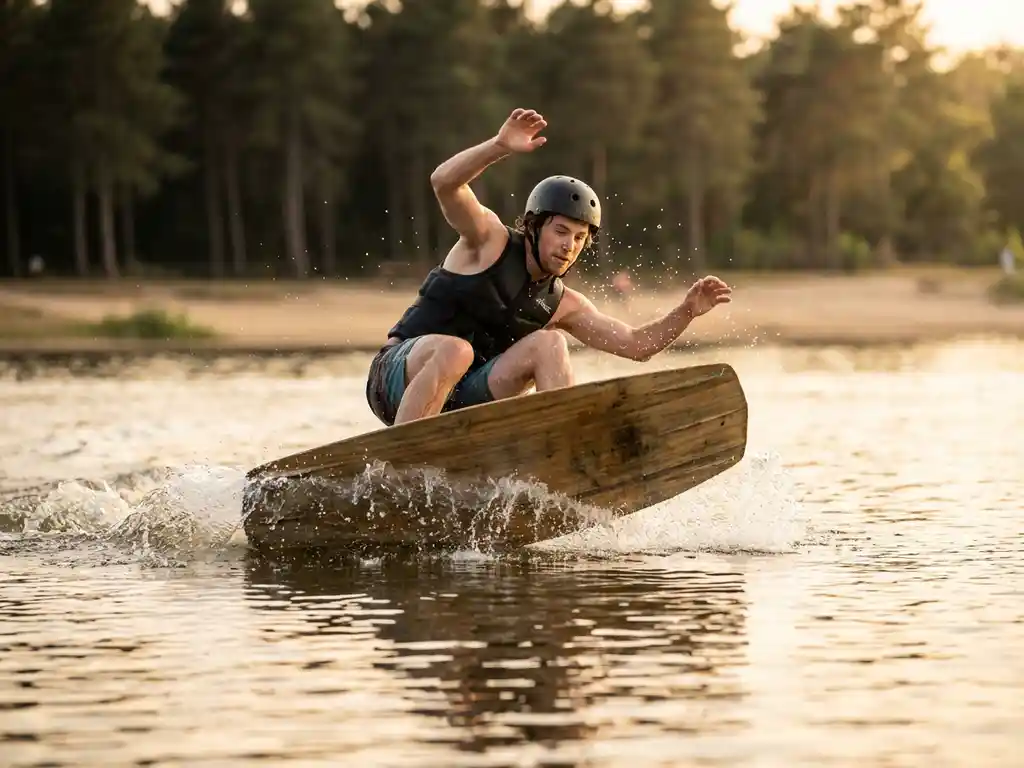 Wakeboarder met te groot board verliest controle op kalm meer, Belgische dennenbomen op achtergrond, gouden middagzon