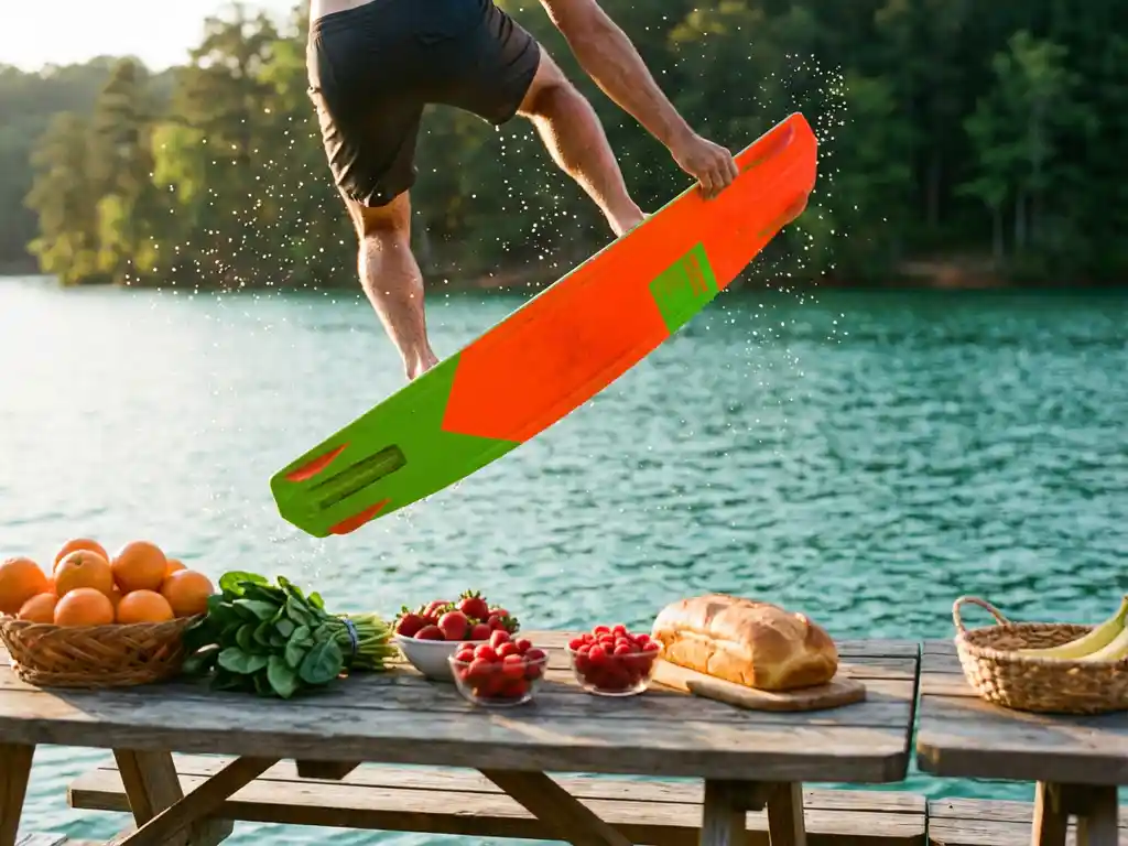 Wakeboarder in de lucht boven meer met picknicktafel vol vers fruit, groenten en volkoren brood op de voorgrond