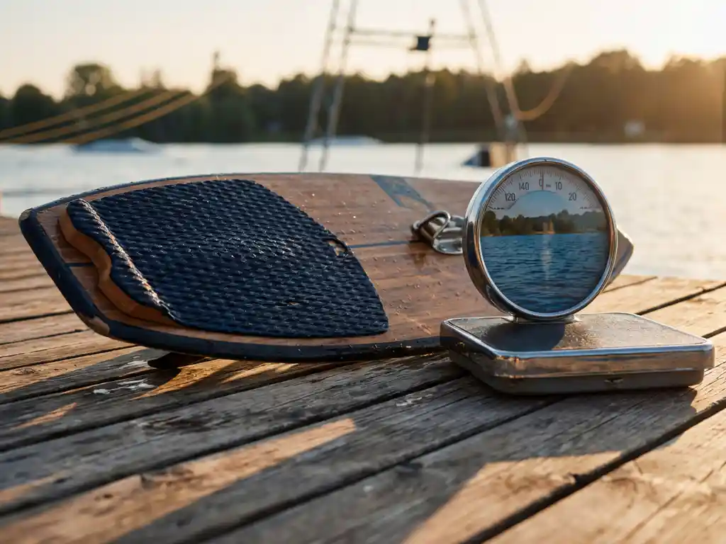 Wakeboard met waterdruppels en chromen weegschaal op verweerde houten steiger bij zonsondergang