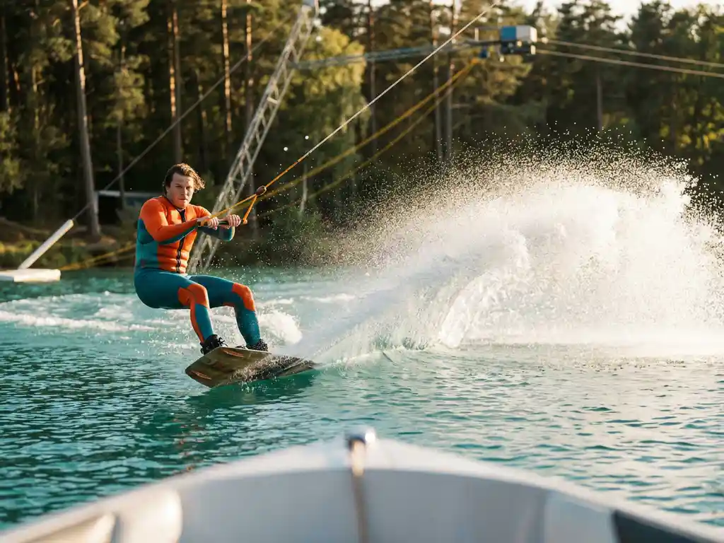 Wakeboarder scheurt door helder turquoise meerwater met dramatische witte spray, kabelsysteem zichtbaar, Center Parcs bos op achtergrond