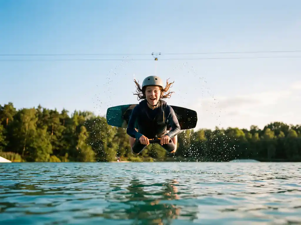 Wakeboarder maakt eerste succesvolle sprong boven Belgisch meer met kabelsysteem, waterdruppels bevroren in beweging