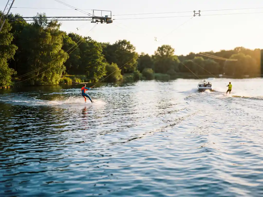 Wakeboard kabelbaansysteem en speedboot op Belgisch meer, ruiters carven door blauw water met gouden zonlicht