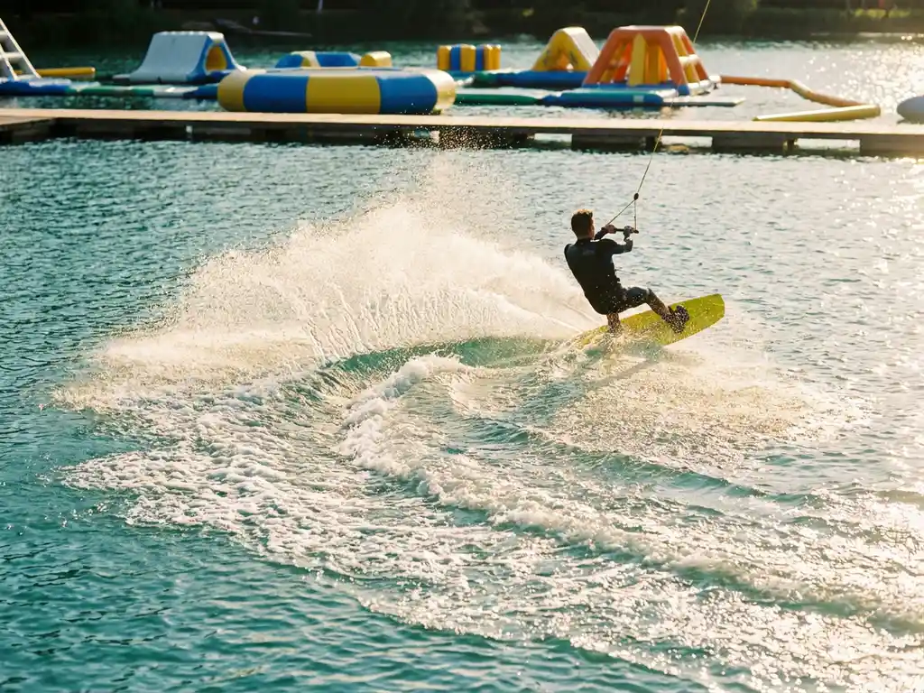 Wakeboarder snijdt door turkooizen water met gele paddleboard en opblaasbaar waterparcours op achtergrond in gouden middagzon