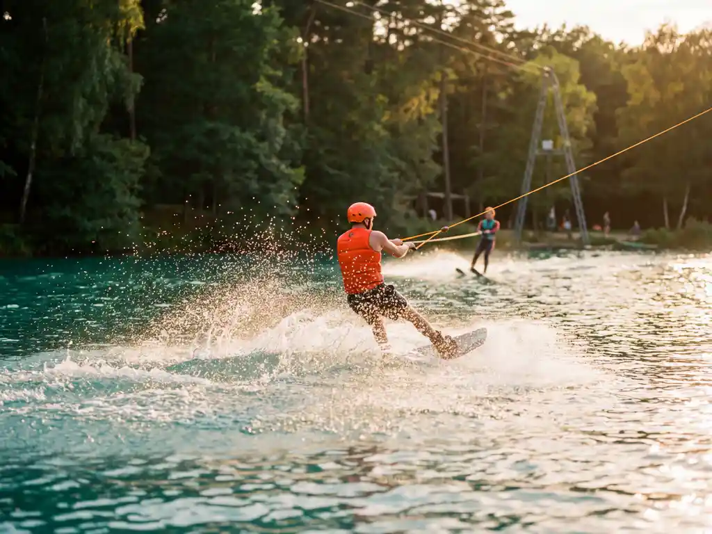 Wakeboarder snijdt door helder water van Vossemeren met opspattend water, waterskiër op achtergrond, omringd door Belgisch bos