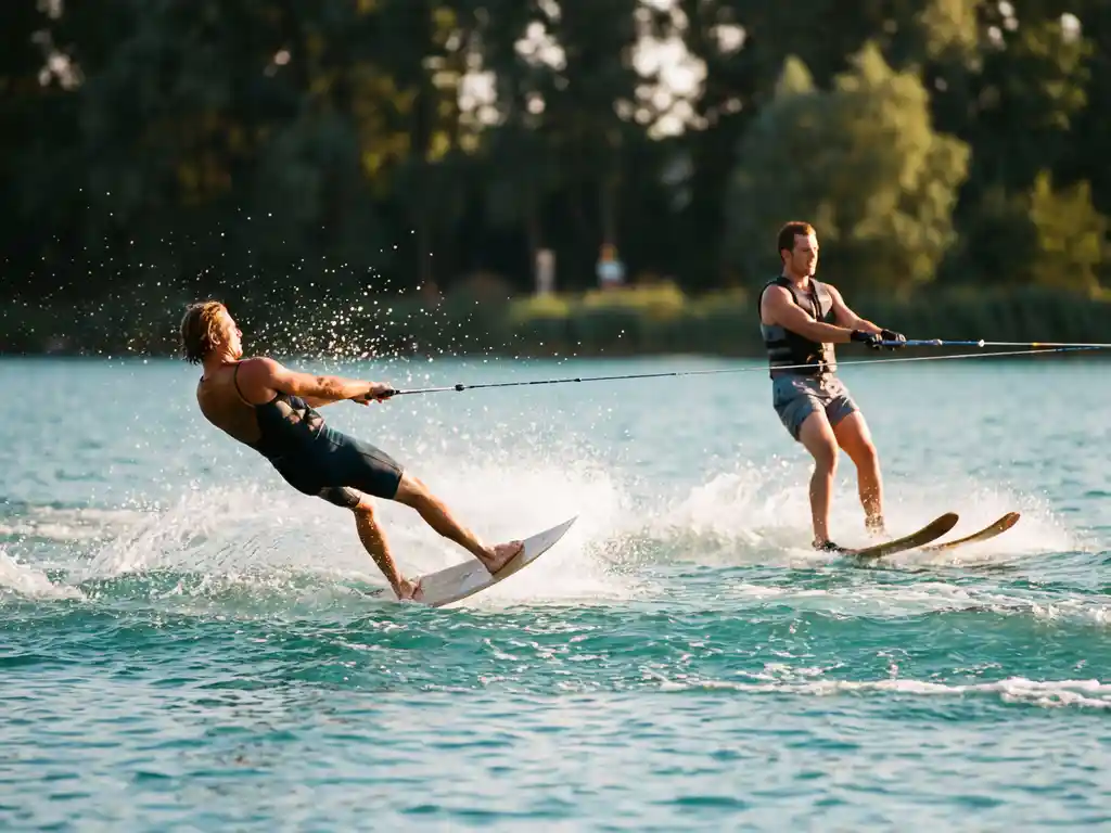 Wakeboarder en waterskiër glijden zij aan zij door het heldere turkooizen water van Vossemeren in gouden middagzon