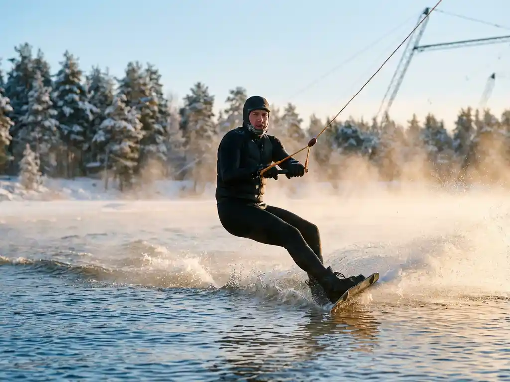 Wakeboarder in dikke wetsuit scheurt door helder winterwater, met gouden zonlicht op opspattend water en besneeuwde dennen op achtergrond