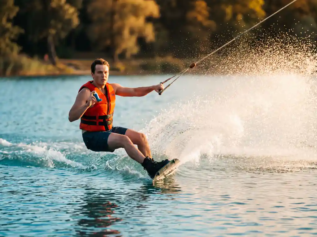 Wakeboarder grijpt astma-inhaler van reddingsvest tijdens het carven over turquoise meer bij gouden zonlicht