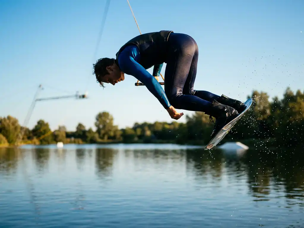 Wakeboarder voert backside rotatie uit boven kalm Belgisch meer met kabelbaansysteem op achtergrond