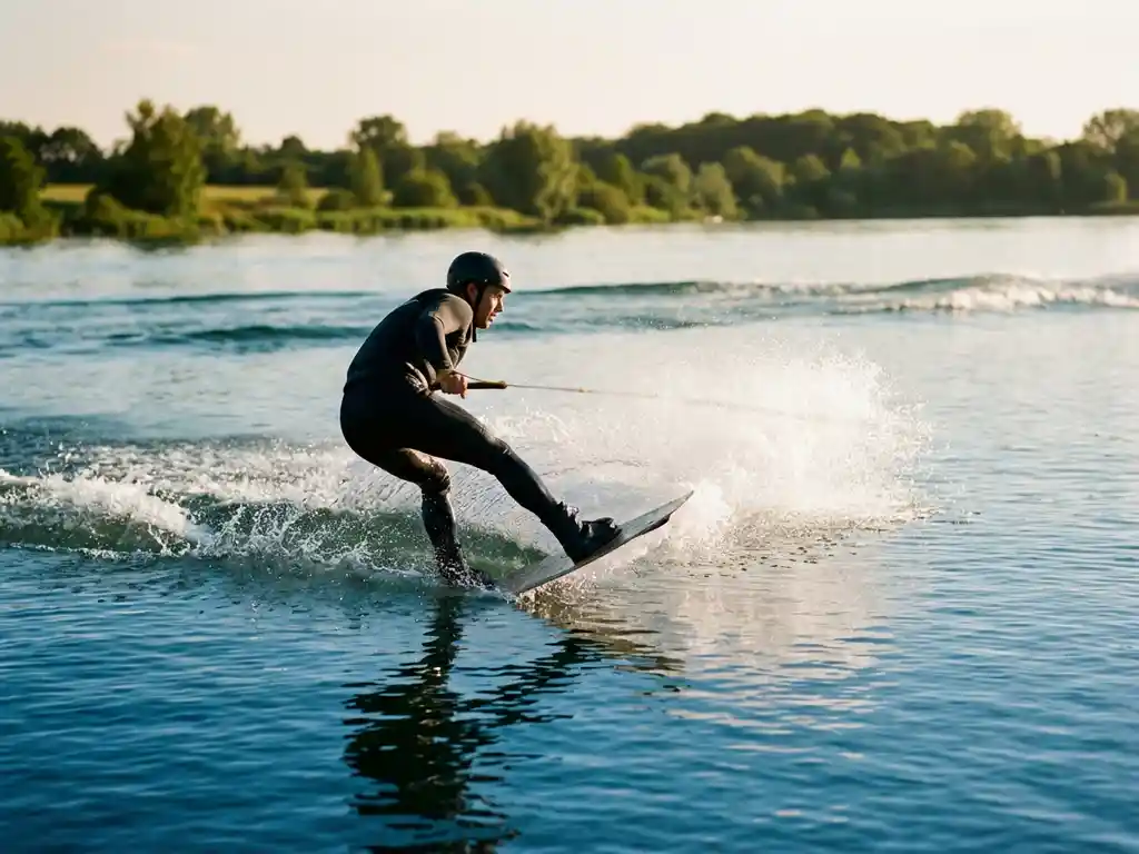 Wakeboarder snijdt scherpe bocht door kristalhelder Belgisch meer met witte waterspray, oceaangolf op achtergrond