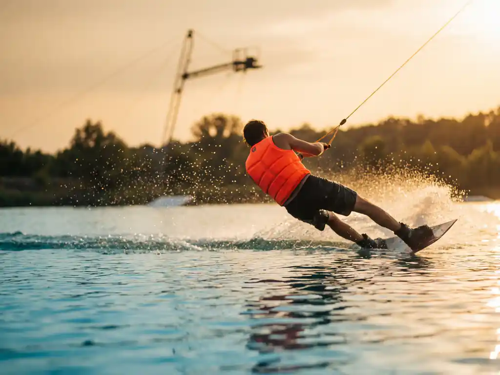 Wakeboarder in neon vest snijdt door turquoise water bij zonsondergang, waterdruppels glinsteren in gouden licht