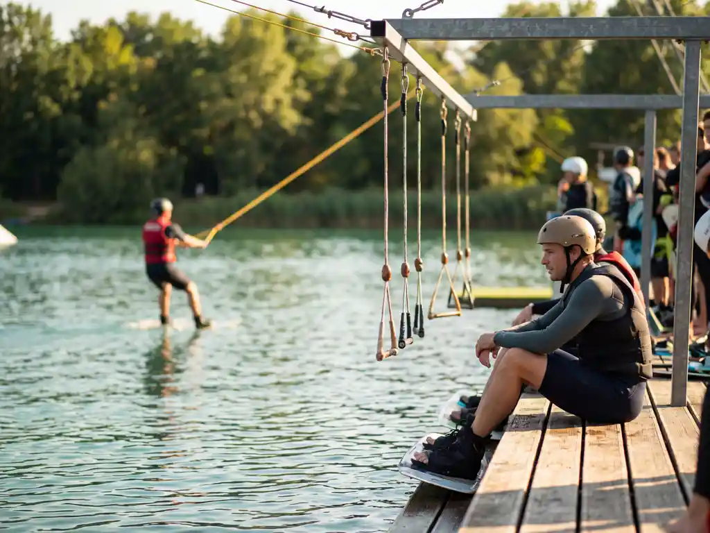 Wakeboarder wacht op houten dok terwijl andere rijder over kalm meer glijdt bij kabelbaanpark