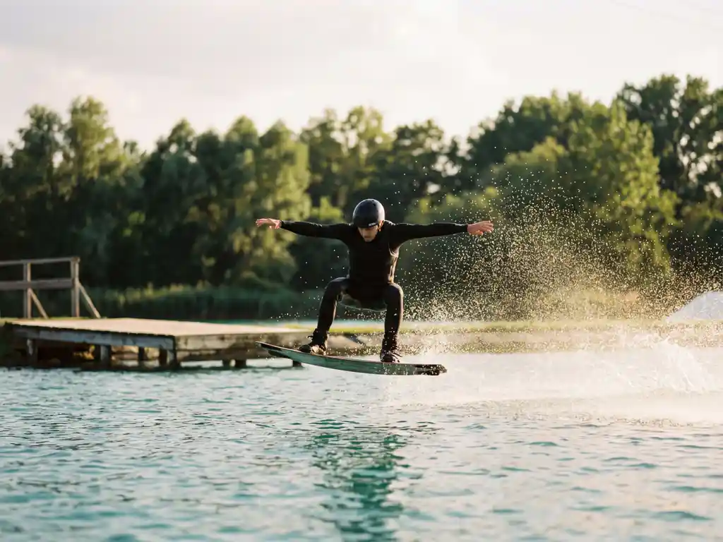 Wakeboarder in lage crouch op turquoise water, armen gestrekt voor balans, waterspatten in gouden zonlicht, bosachtige oever op achtergrond