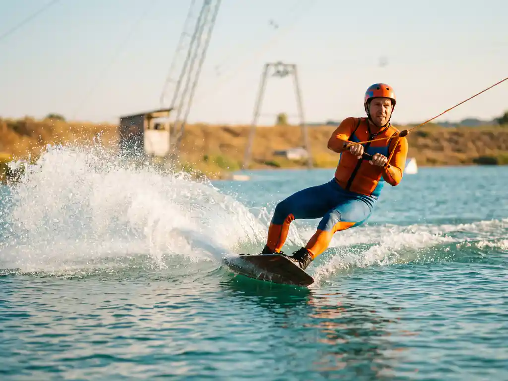 Wakeboarder snijdt door turquoise meerwater met kabel, spray explodeert achter het board in gouden middaglicht