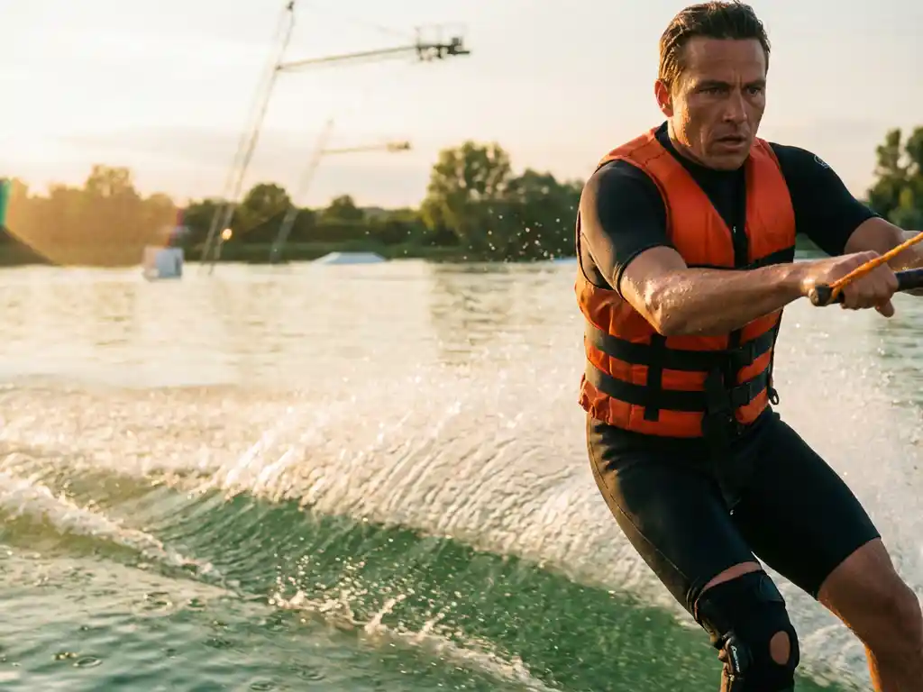 Wakeboarder met zwarte kniebrace snijdt door kalm meerwater, waterdruppels glinsteren in gouden middaglicht.