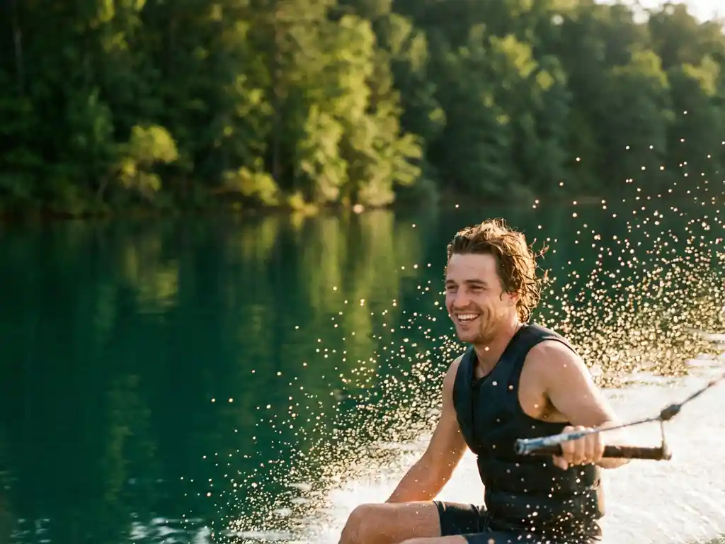 Wakeboarder snijdt door helder meer met gouden waterdruppels in zonlicht, bos weerspiegeld op achtergrond