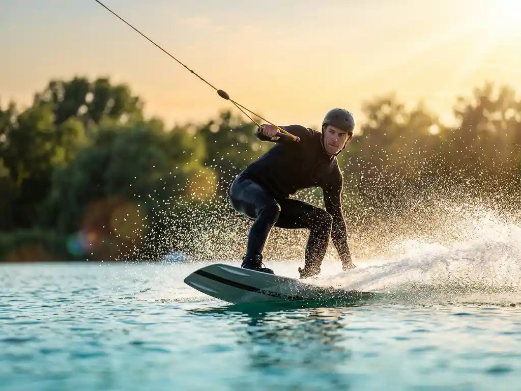 Wakeboarder snijdt door kristalhelder water met dramatische spray van druppels in gouden zonlicht, weelderige groene bomen op achtergrond